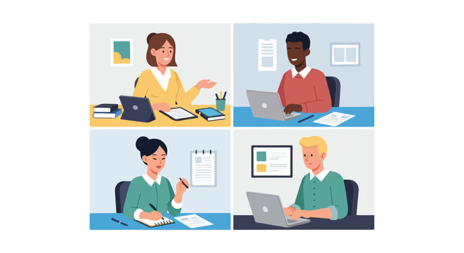 This vector illustration shows four diverse professionals working from home or attending a virtual meeting through a split-screen video call layout.