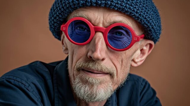 Male model with gray beard and blue beanie poses in red round sunglasses, showcasing various facial expressions against a warm brown background
