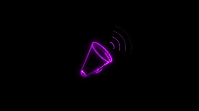 Neon purple megaphone icon with sound waves on dark background. Megaphone icon for loud announcement. Megaphone icon graphic element for communication and digital marketing visuals.