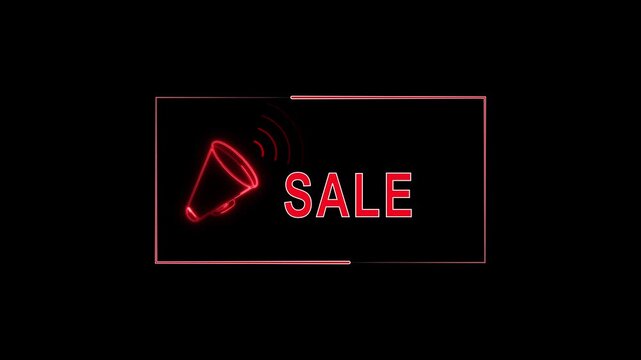 Neon red sale sign with megaphone and sound waves in a frame. Sale sign for discount promotion. Professional sale sign graphic element for retail and digital marketing visuals art.