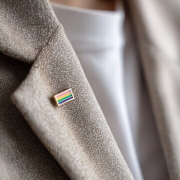 close-up of a generic ally pin on a blazer lapel: a small enamel-style pin with simple rainbow stripes and no lettering, tight framing on lapel and collarbone area only (no face)