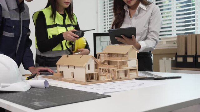 Architects and engineers review wooden house scale model on office desk with blueprints, tablet, hard hats, and safety vest, planning residential construction project.