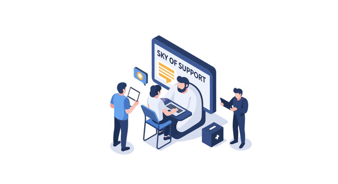 Isometric Illustration of Tech Support Team Working Together.