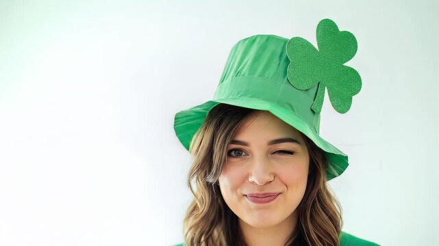 Smiling Woman Wearing Green St. Patricks Day Hat with Shamrock.