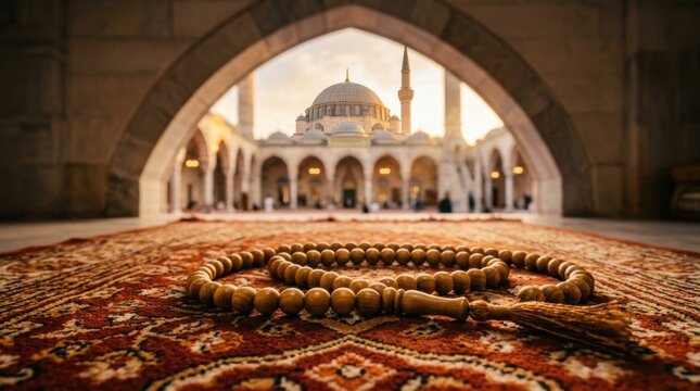 View of an Imperial Mosque through a Stone Archway at Sunset