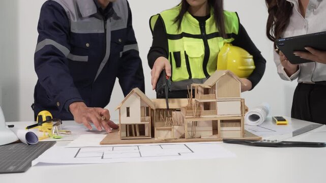 Team of architects and engineers reviewing a wooden house model on a desk with blueprints, laptop, and tools, discussing construction planning and design.