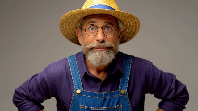 Elderly Caucasian male farmer in straw hat and blue overalls poses with hands on hips, transitioning from a neutral expression to a smile in a studio setting