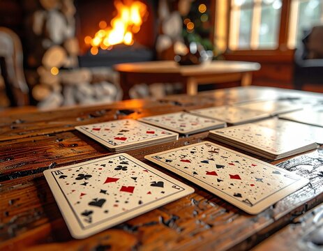 Playing Cards on Wooden Table with Fireplace in Background.