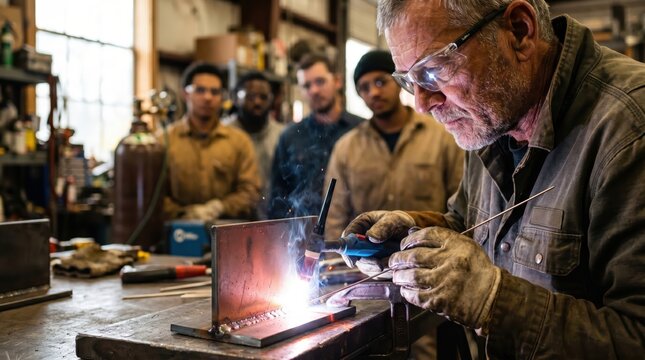 Senior welder demonstrating tig welding in workshop classroom