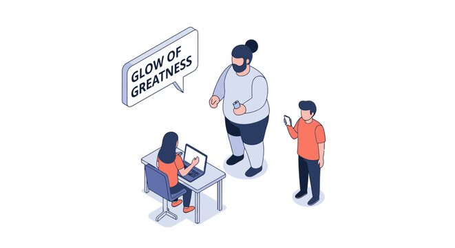 Isometric illustration of three people with a speech bubble about greatness.