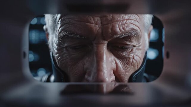 A close-up of a man's face with one eye glowing red and the other blue through broken glass