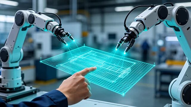 Industrial robotic arms manipulating holographic 3D model in smart factory