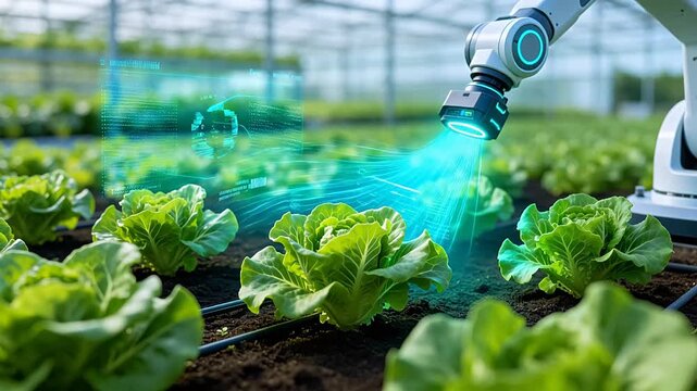 Smart agricultural robot arm tending green lettuce in a greenhouse