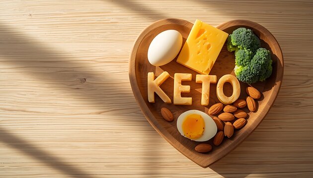 Keto diet foods arranged in a wooden bowl, flat lay