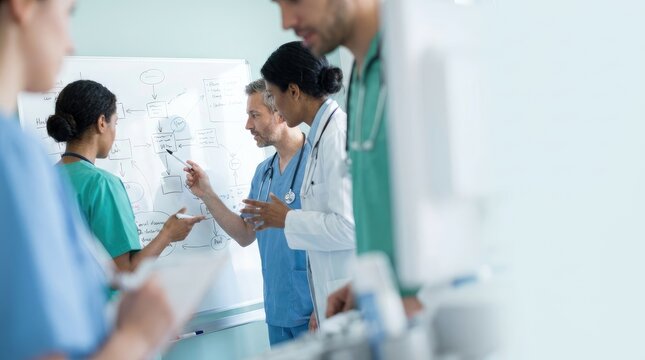 Diverse medical team collaborating and diagramming on a whiteboard