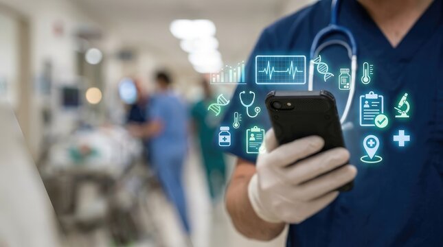 Doctor using smartphone with medical icons in hospital hallway