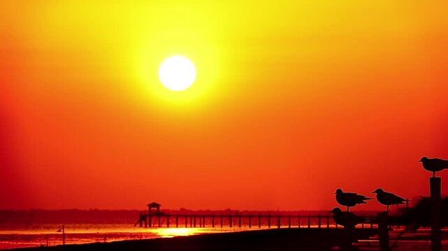 Ultra smooth 240fps slow motion of seagulls flying over the ocean at a glowing golden sunset with a silhouetted pier. Cinematic vertical video with rich copy space, perfect for travel ads, social me