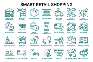 Fototapeta premium Smart retail shopping icons for online order processing delivery status and customer loyalty program.