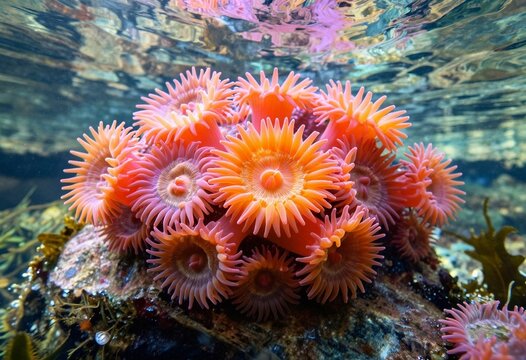 Vibrant orange zoanthid coral polyps on a tropical ocean reef underwater