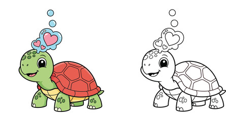 Obraz premium Adorable Cartoon Baby Turtle with Hearts Coloring Page