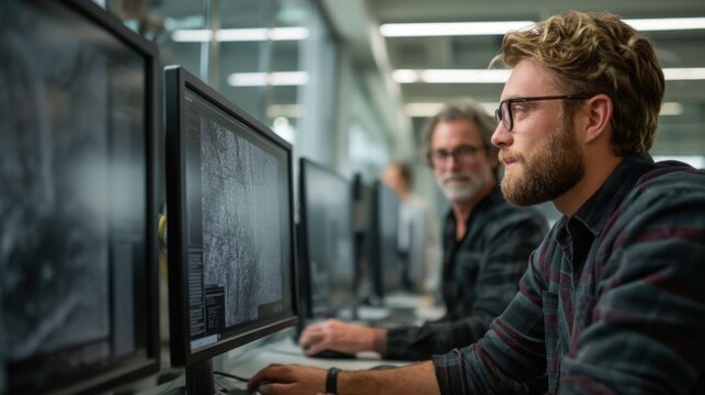 Team of software developers focused at computer monitors in modern office for technology workspace background and teamwork concept