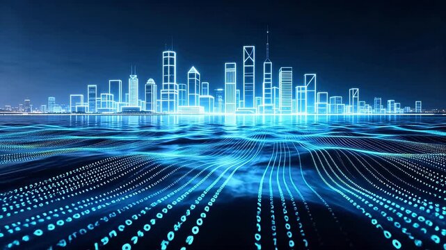 Digital city skyline at night with binary code data ocean in foreground