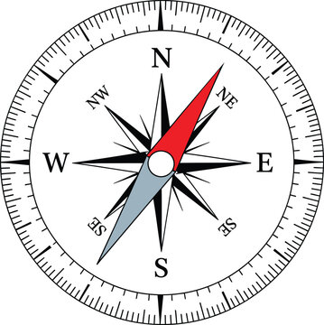 Classic navigation compass with wind rose and red needle vector.