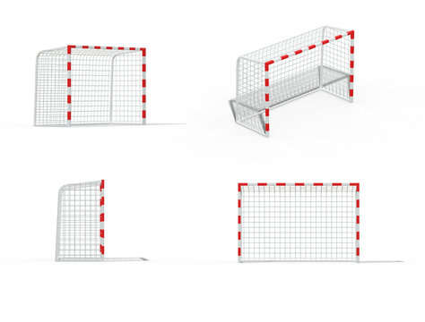 cage de but de handball diff&eacute;rents angles de vue - rendu 3D sur fond transparent	
