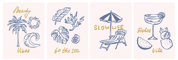 Hand drawn summer coastal life posters set © Maria