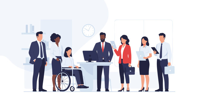 Group of diverse professionals collaborating in a business setting.