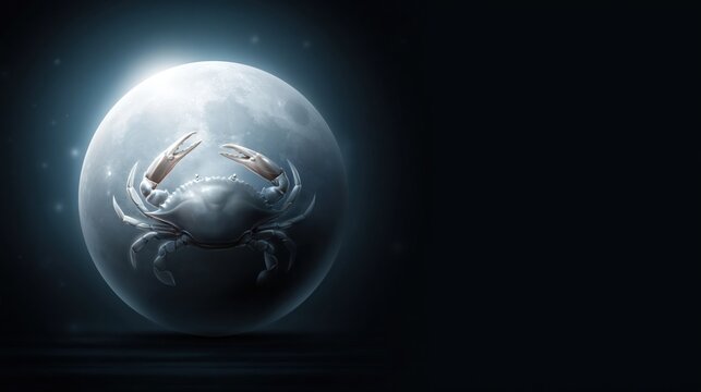 Crab silhouette floating before glowing moon in dark space