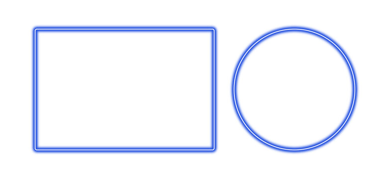 Blue glowing neon circle & rectangle frame on transparent background. LED light laser border design with empty space. PNG