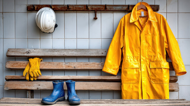 Yellow hazmat suit and protective gear hanging in farm changing area for ppe marketing campaign promoting worker safety compliance and biosecurity in poultry facilities