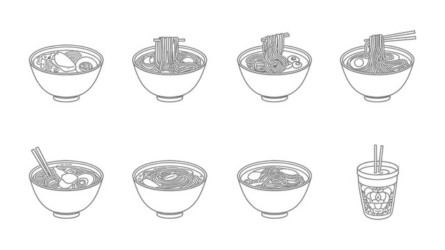 Collection of Noodle Soup Bowls: A series of hand-drawn, black and white illustrations depict various noodle soup dishes in bowls, with some showing chopsticks and noodles being lifted.