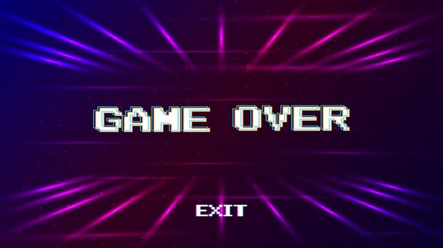GAME OVER. insert coin to continue or exiting the game's main menu. Modern trendy game background with lighting effect for game assets.