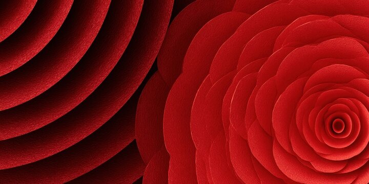 Layered red paper rosettes forming abstract spiral pattern