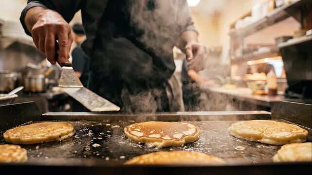 Chef flipping pancakes on a hot griddle in a busy restaurant kitchen.