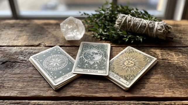 Tarot cards fanned on rustic wooden table near window