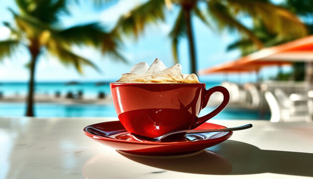 Iced coffee in red ceramic cup with ice and spoon on saucer by pool and palm trees for summer resort menu promotion ad and beachfront cafe seasonal marketing campaign