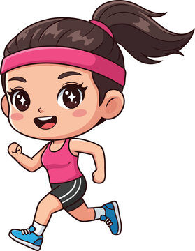 A smiling cartoon girl wearing pink and running swiftly outdoors in daytime