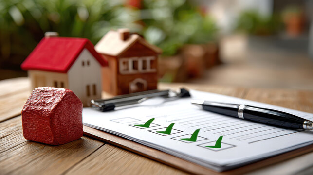 Rental property checklist on clipboard with three green check marks and miniature house models for move-in inspection, landlord marketing brochure and tenant onboarding materials