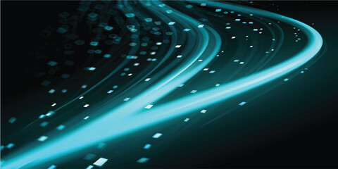 Abstract blue neon light curve dark background with glowing wave line, glowing neon light streak with blue and magenta gradient, abstract motion trail and bright line effect, neon light trail with © SFahad