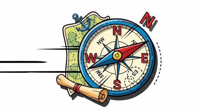 Cartoon style image shows map, compass, anchor and scroll on a white background