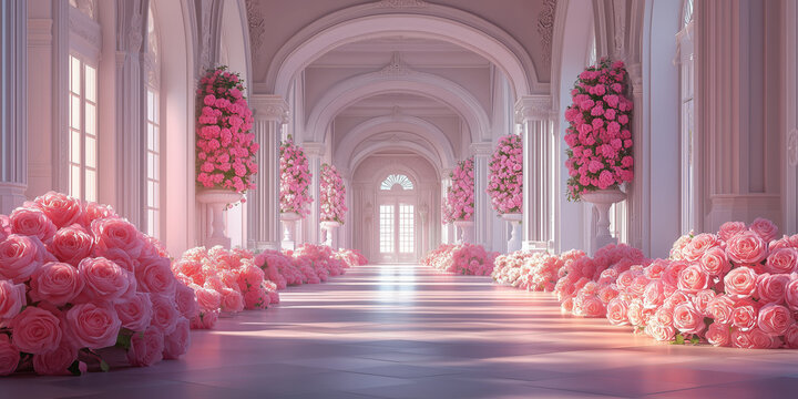 Romantic palace wedding interior with pink roses, luxury floral decor, elegant hall background, classic architecture, bridal ceremony setting with ornate details