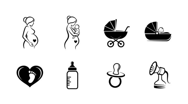 Minimalist Maternity and Baby Care Icons: Pregnancy, Motherhood, Stroller, Bassinet, Footprint Heart, Bottle, Pacifier, Pump
