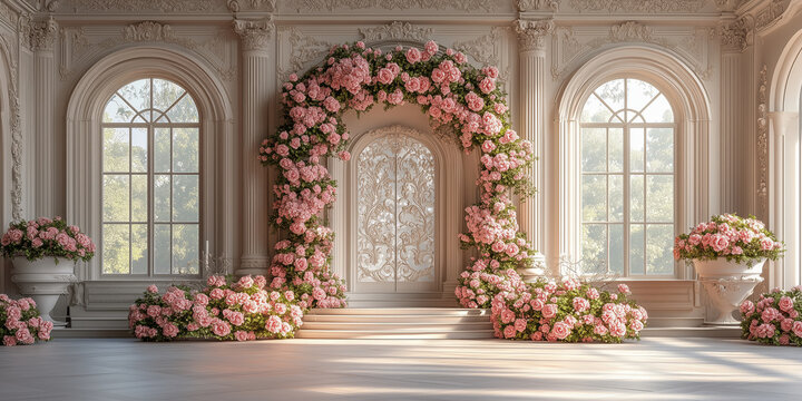 Palace Interior with ornate door, large windows and light walls decorated pink roses and flowers compositions. Classic castle interior. Luxury Wedding background