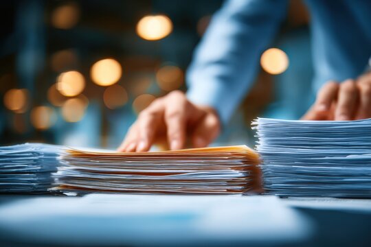 Hands Sorting Paperwork Stacks in Office Desk Warm Lighting Shallow Depth of Field