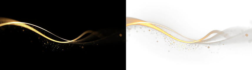 Obraz premium Elegant golden wave with sparkles isolated on transparent and black background, for design projects and creative works, light overlay, PNG