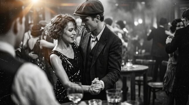Couple dancing at a vintage party with warm lighting and sepia tones.