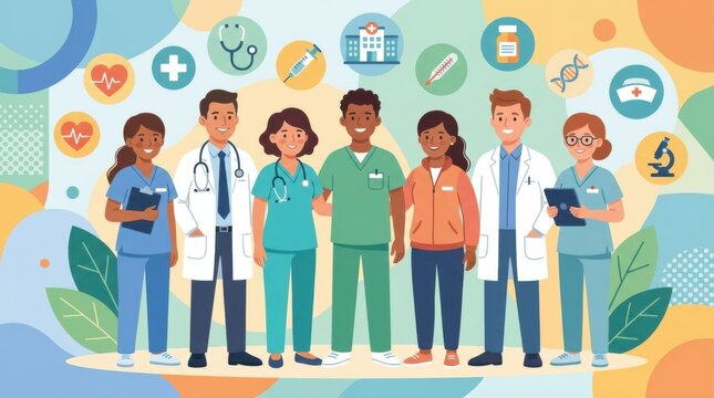 Diverse Group of Medical Professionals in Stylized Flat Vector Illustration